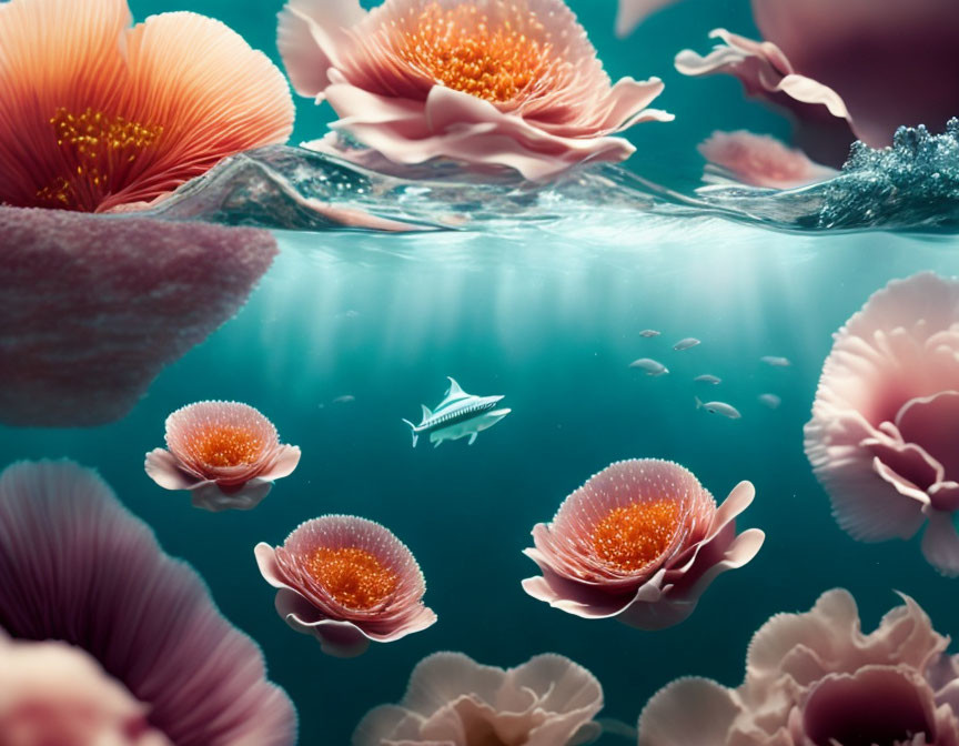 Pink flowers and fish in dreamy underwater scene