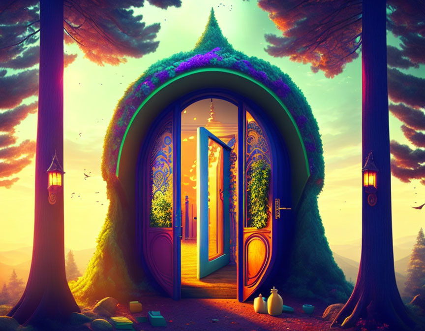 Fairytale Door in Vibrant Hill with Glowing Interior