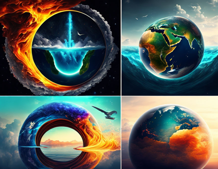 Artistic Earth Depictions: Fire, Water, Space, Clouds Blend