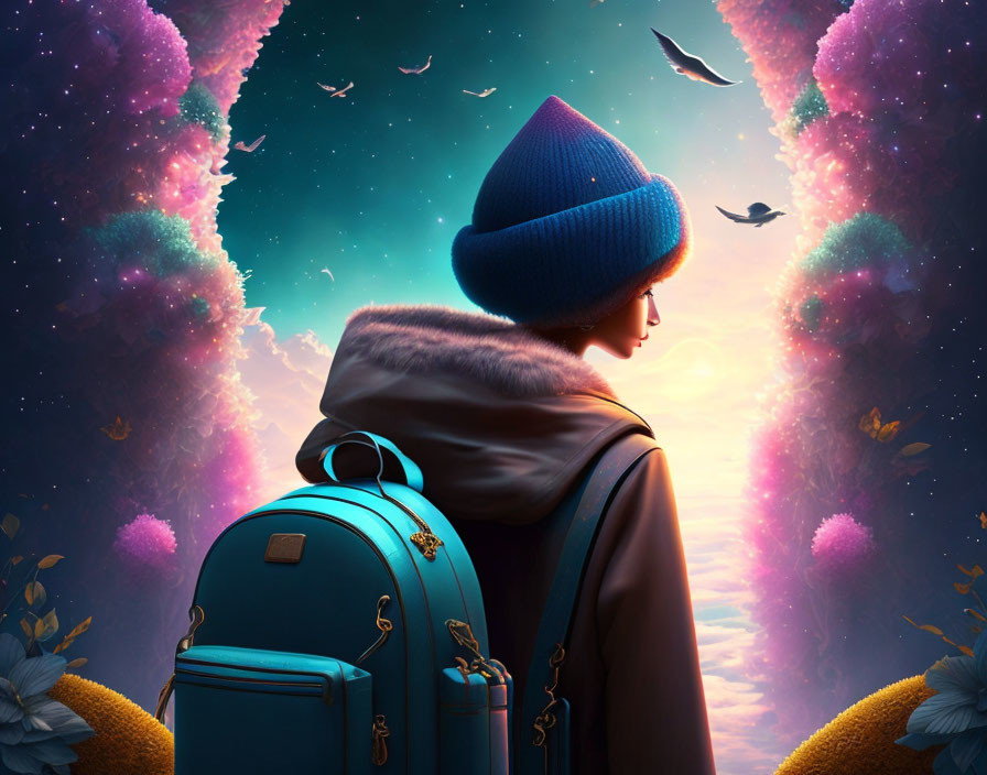 Person in Blue Beanie Stands Before Colorful Cosmic Portal