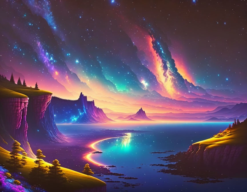 Colorful fantasy landscape with starry skies, waterfalls, floating islands, and luminous coastal reflection