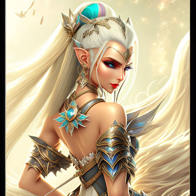 Elven warrior illustration with white hair, golden armor, and gemstone tiara