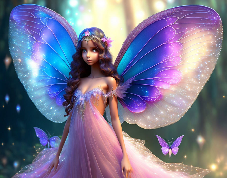 Fairy with Blue Butterfly Wings in Pink Gown in Enchanted Forest