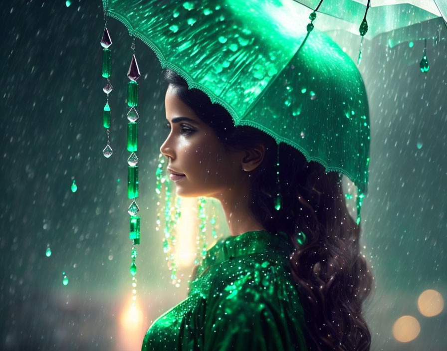 Dark-Haired Woman Under Sparkling Green Crystal Umbrella in Rain