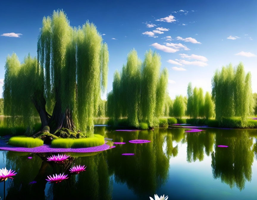 Tranquil lake with pink water lilies and weeping willows