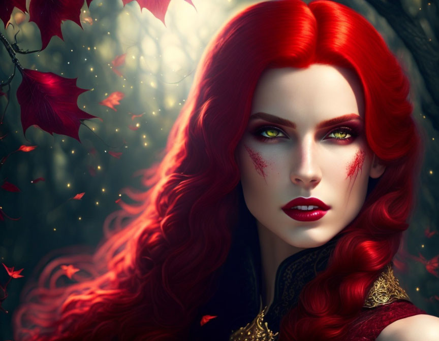 Digital Illustration: Woman with Red Hair in Enchanted Forest