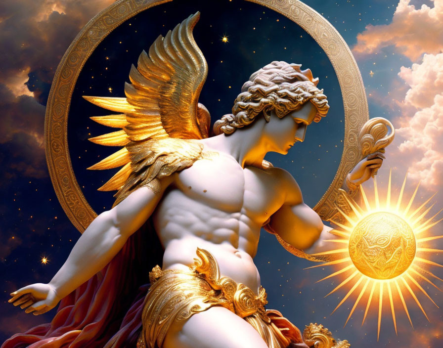 Golden-winged angel with staff and halo in cosmic sky