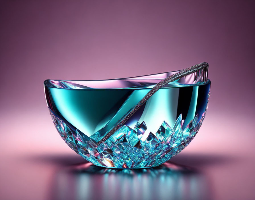 Intricately Cut Crystal Bowl with Vibrant Blue and Clear Hues