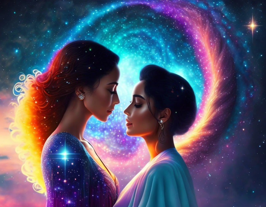 Two women touching foreheads in cosmic scene with spiral galaxy and stars.