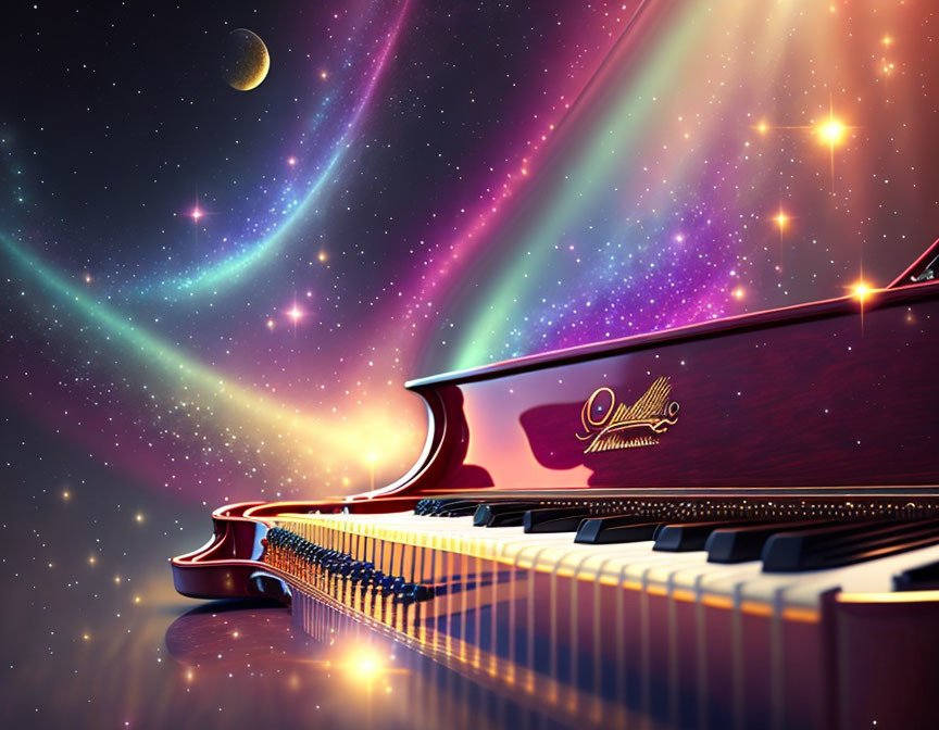 Grand Piano with Cosmic Nebulae and Stars on Crescent Moon Background