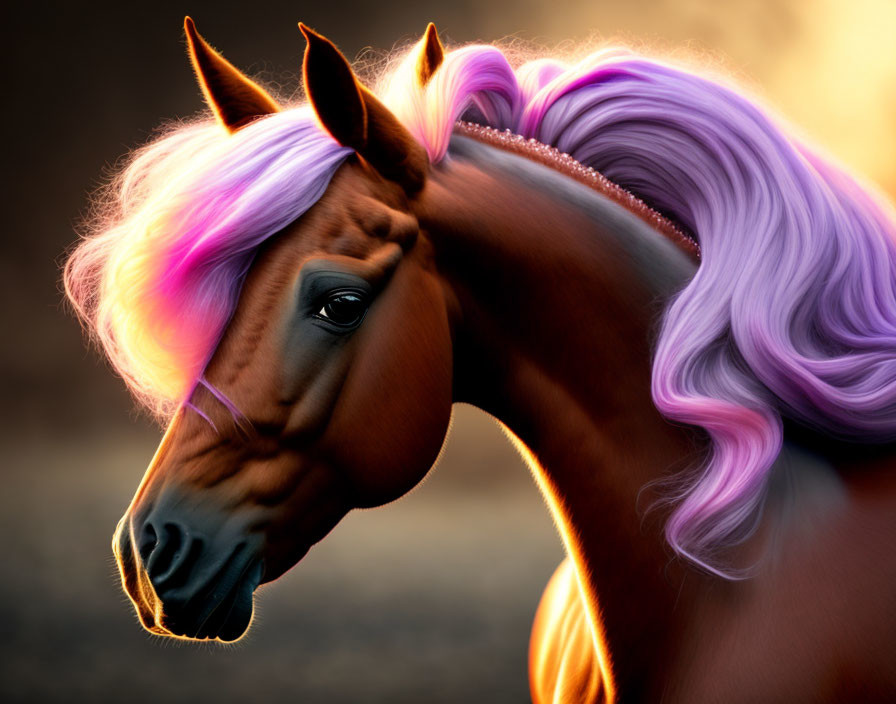 Stylized horse with glossy chestnut coat and vibrant purple-pink mane