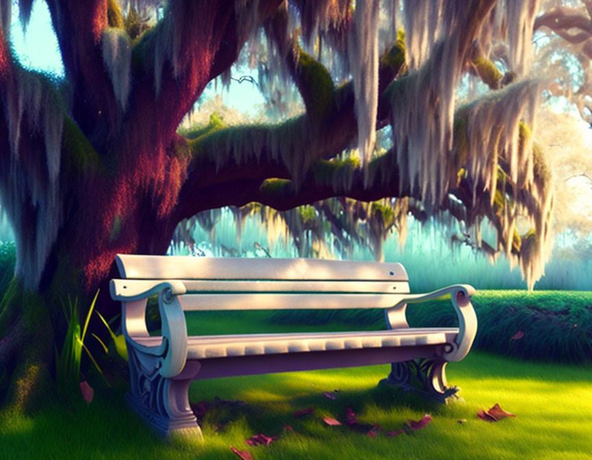 Tranquil park setting with white bench and sunlit tree