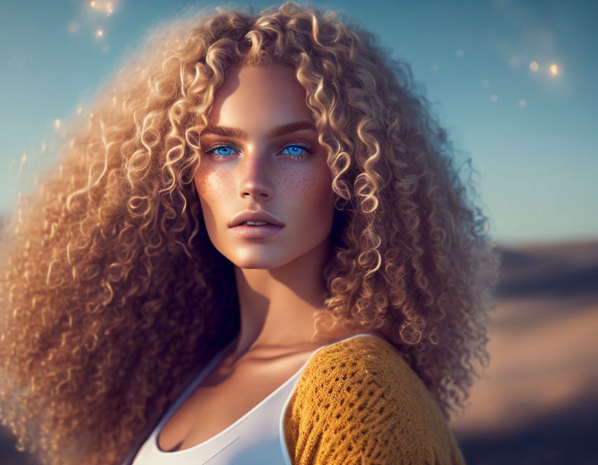 Blonde Woman Portrait with Curly Hair and Blue Eyes