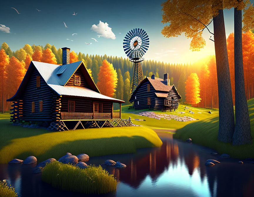 Tranquil autumnal landscape with log cabin, windmill, stream, and colorful trees