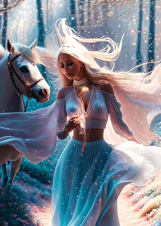 Fantasy illustration of woman in blue gown with white horse in enchanted forest