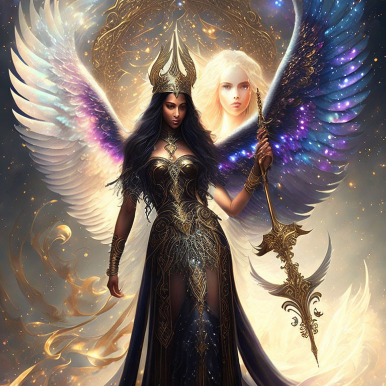 Fantastical women with angelic wings and ornate attire, one dark and one light, standing