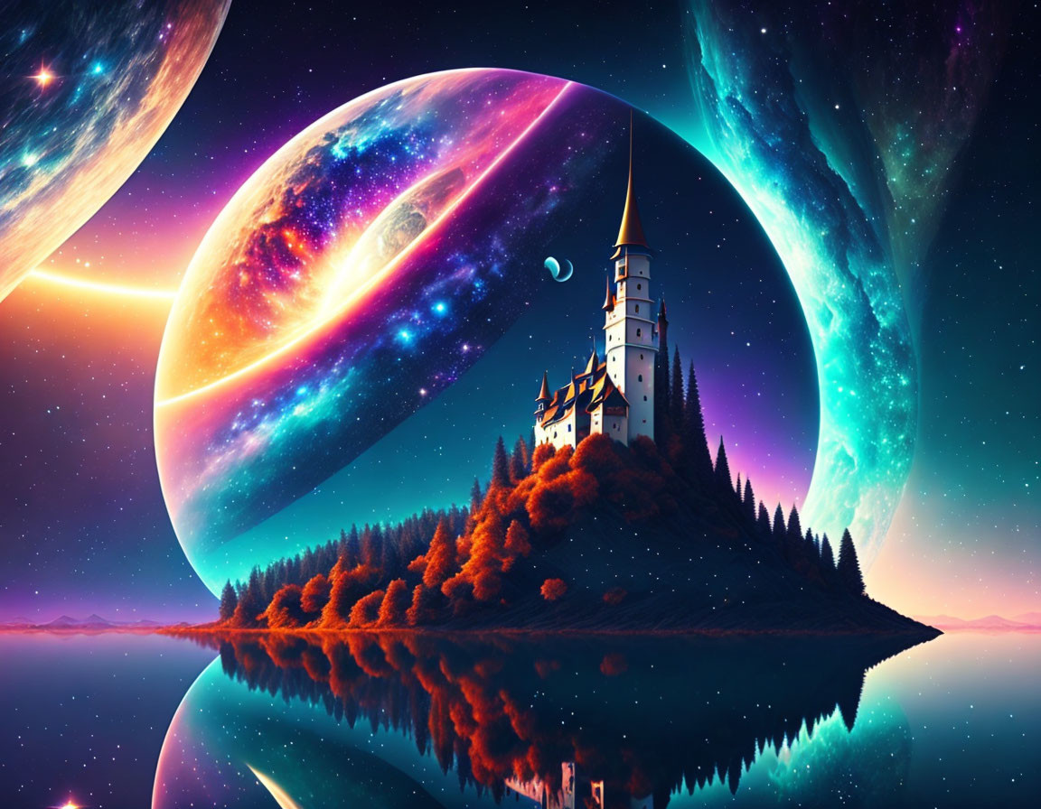 Fantasy landscape with castle on island, galaxies and planets in sky