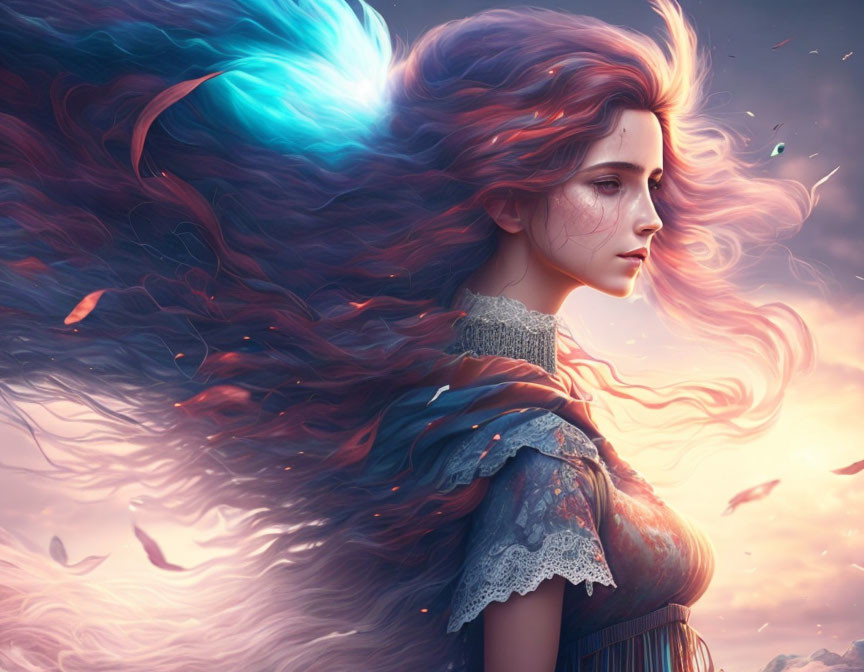 Colorful flowing hair woman in twilight sky with drifting leaves.