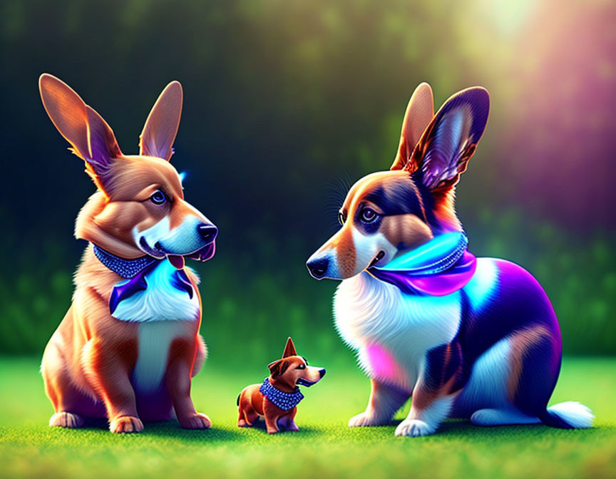 Exaggerated animated corgi dogs in colorful bandanas in vibrant garden.