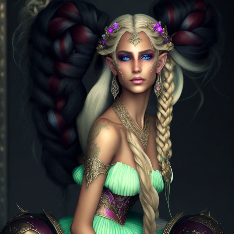 Fantasy illustration of woman with dark braided hair, pointed ears, bold makeup, golden tattoos,