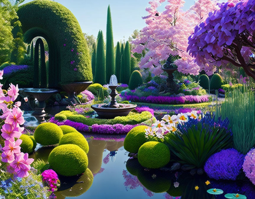 Vibrant garden with topiary, fountain, and reflective pond