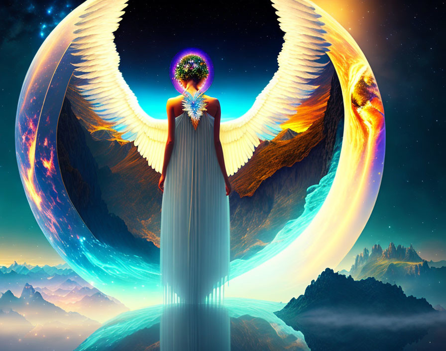 Angel-winged figure holding glowing galaxy sphere against cosmic backdrop