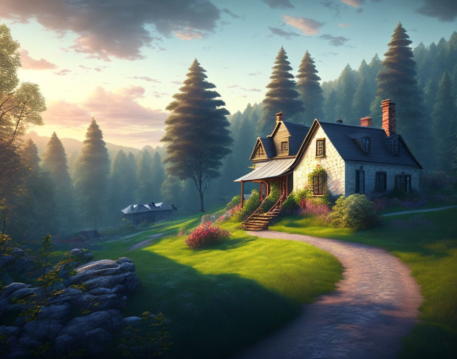 Cozy Cottage in Woodland Clearing at Sunset