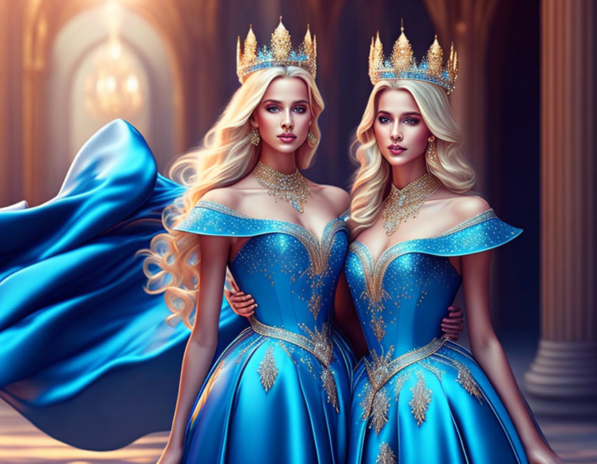 Two women in blue gowns and golden crowns with capes and necklaces in palatial setting