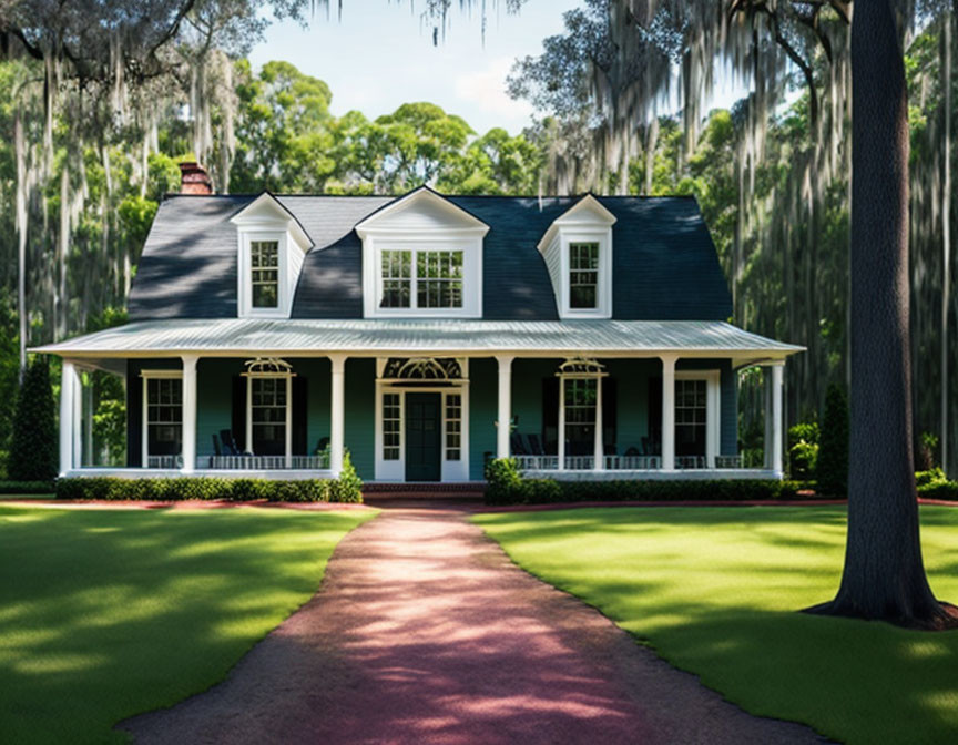 Two-story house with black roof, white exterior, front porch, lush greenery & brick pathway