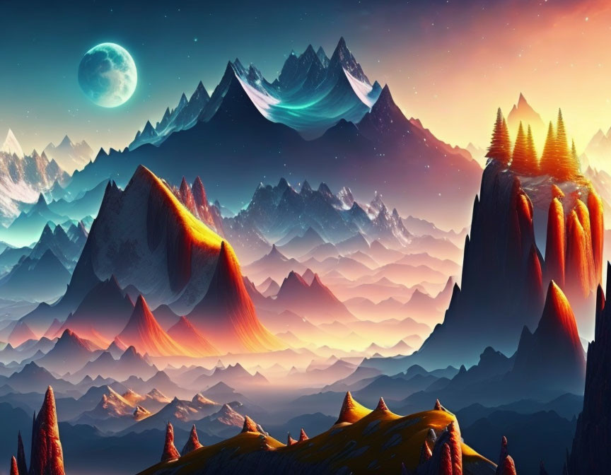 Fantastical landscape with towering mountains and glowing moon.