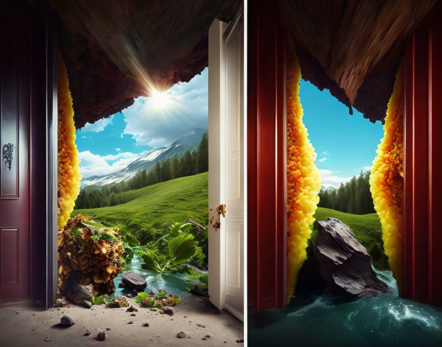 Composite Surreal Image: Doors Open to Fantasy Landscapes