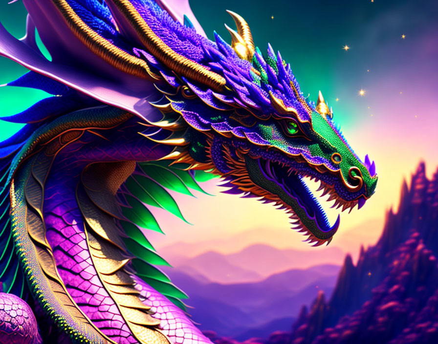 Colorful Dragon Illustration in Mystical Sky Scene