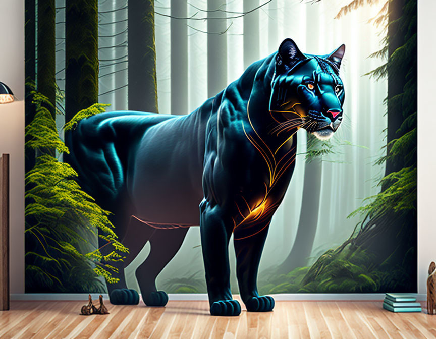 Giant neon blue panther in forest-themed room