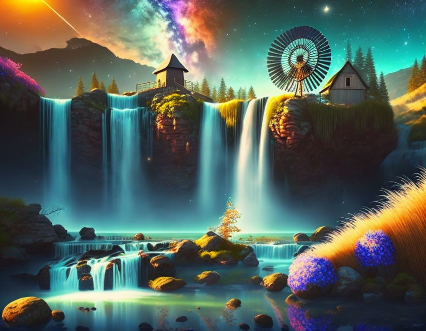 Fantasy landscape with waterfalls, windmill, colorful flora, and starry night sky