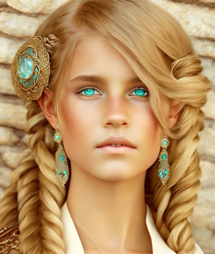 Young girl with blue eyes, blonde braided hair, and freckles.