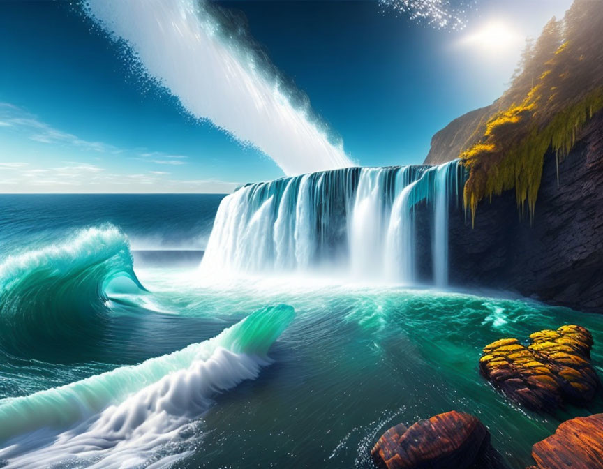 Majestic waterfall merges with ocean waves on rocky shore