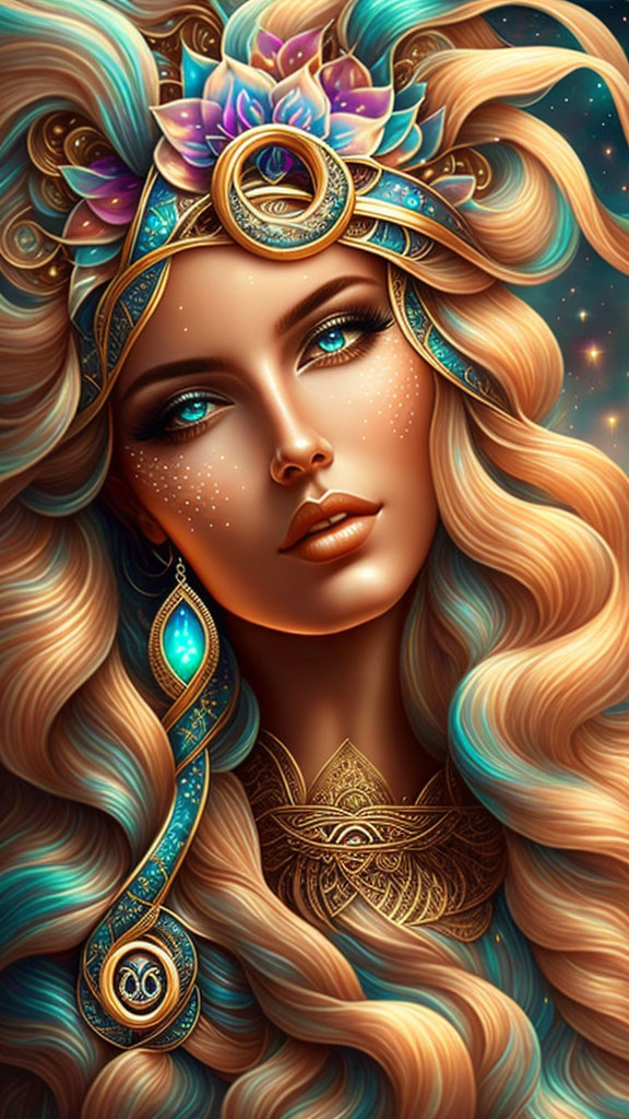 Illustration: Woman with wavy hair, blue eyes, and ornate floral headdress.