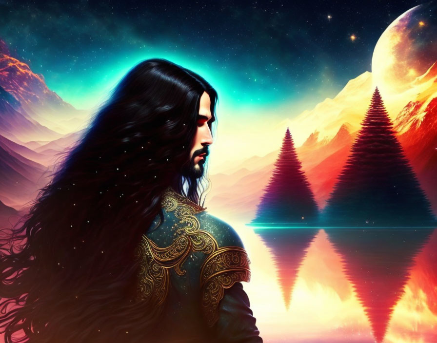 Long-haired man in armor gazes at cosmic landscape with mountains, trees, lake, and moon.