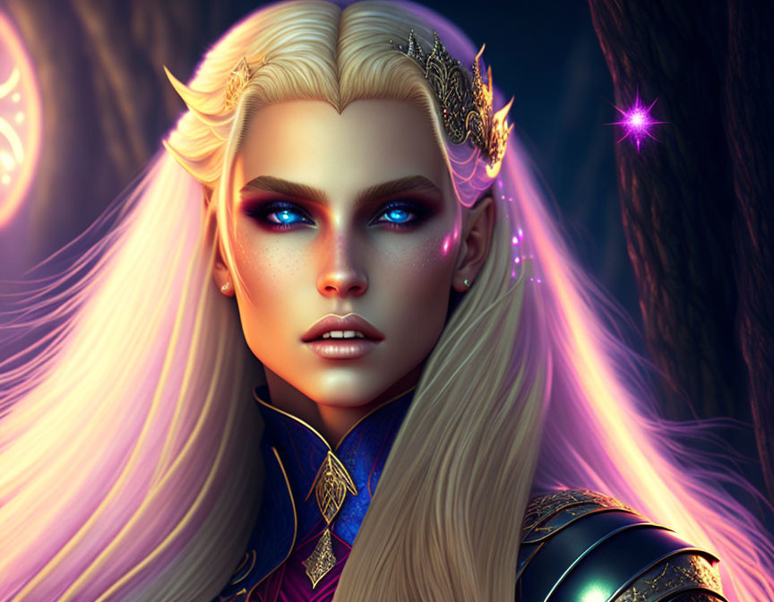 Fantasy Elf with Blue Eyes, Blonde Hair, Golden Crown, and Royal Blue Attire