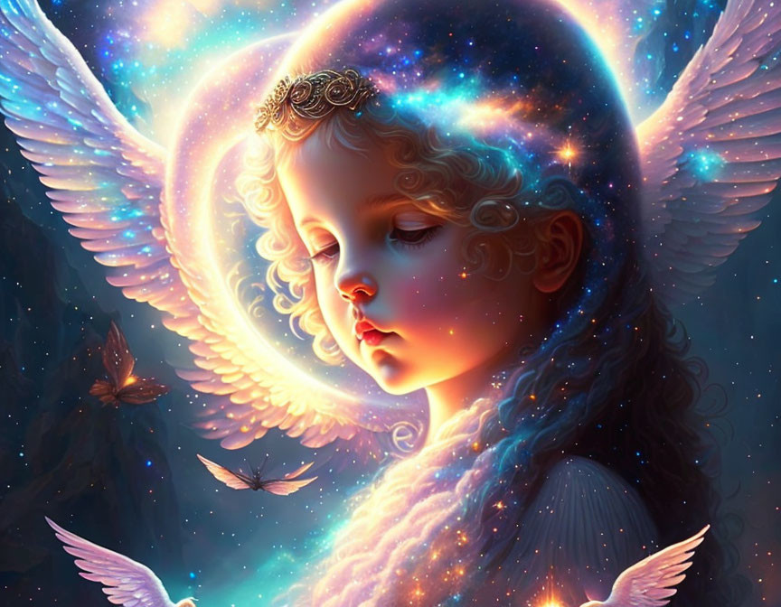 Celestial angel with glowing wings and butterflies in starry scene