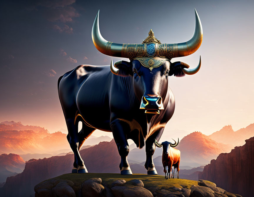 Ornately adorned bull on rocky outcrop at sunset