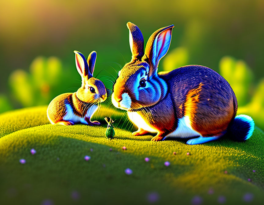 Vibrant cartoon rabbits on lush green hill with purple flowers