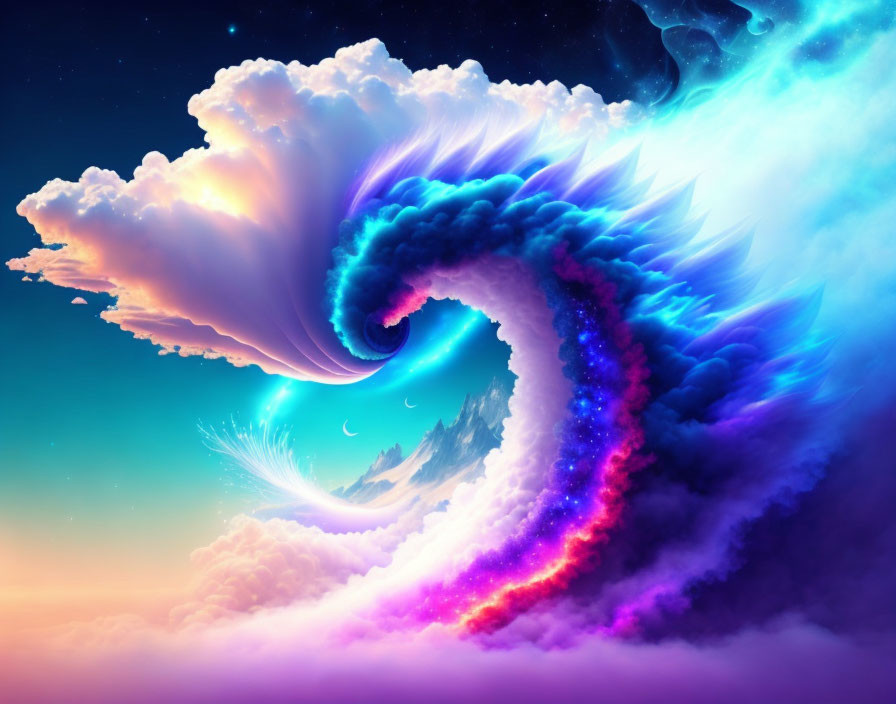 Colorful Swirling Cosmic Wave Artwork with Stars in Blue, Purple, and Pink