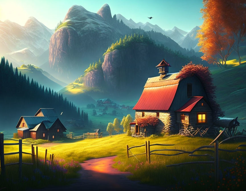 Tranquil valley with red-roofed cottage, cabins, green hills, and sunrise glow