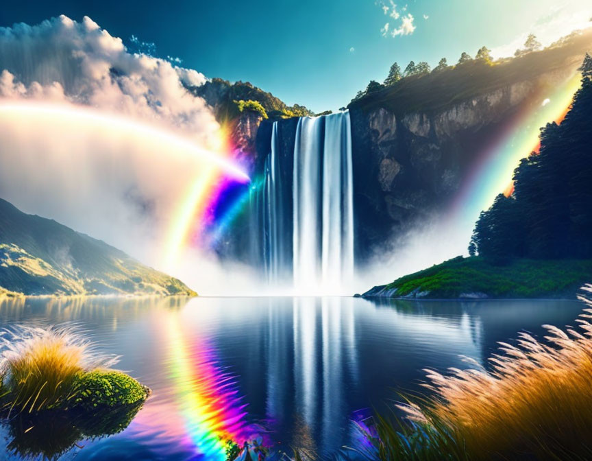 Majestic waterfall cascading into serene lake with rainbows, cliffs, and dramatic sky