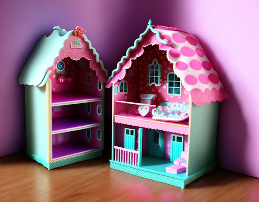 Colorful Toy Dollhouses with Detailed Furniture Against Purple Wall