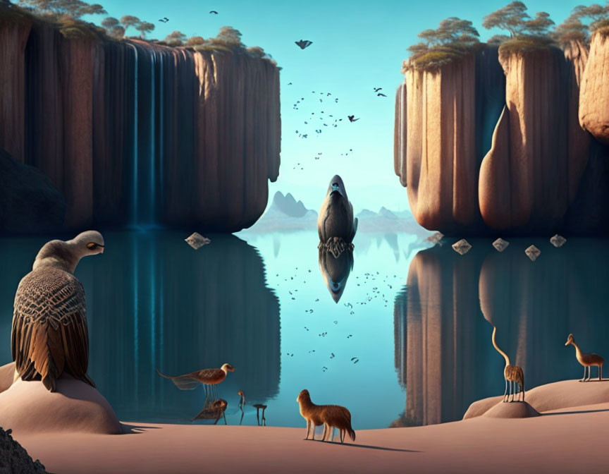 Mirrored cliffs, waterfalls, birds, and animals in surreal landscape