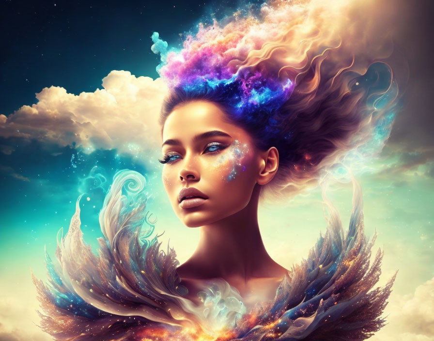 Vibrant galaxy-themed hair on a woman with feathered wings in surreal portrait