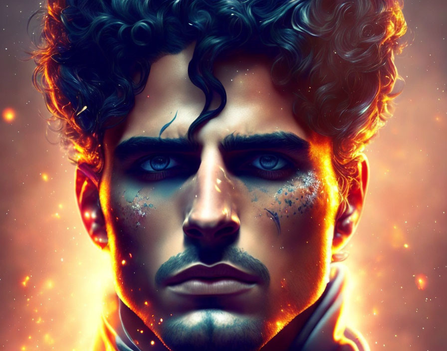 Portrait of a man with curly hair and blue eyes surrounded by fiery effects