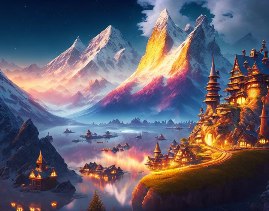 Fantasy landscape at twilight with castles, cottages, lake, mountains, starry sky